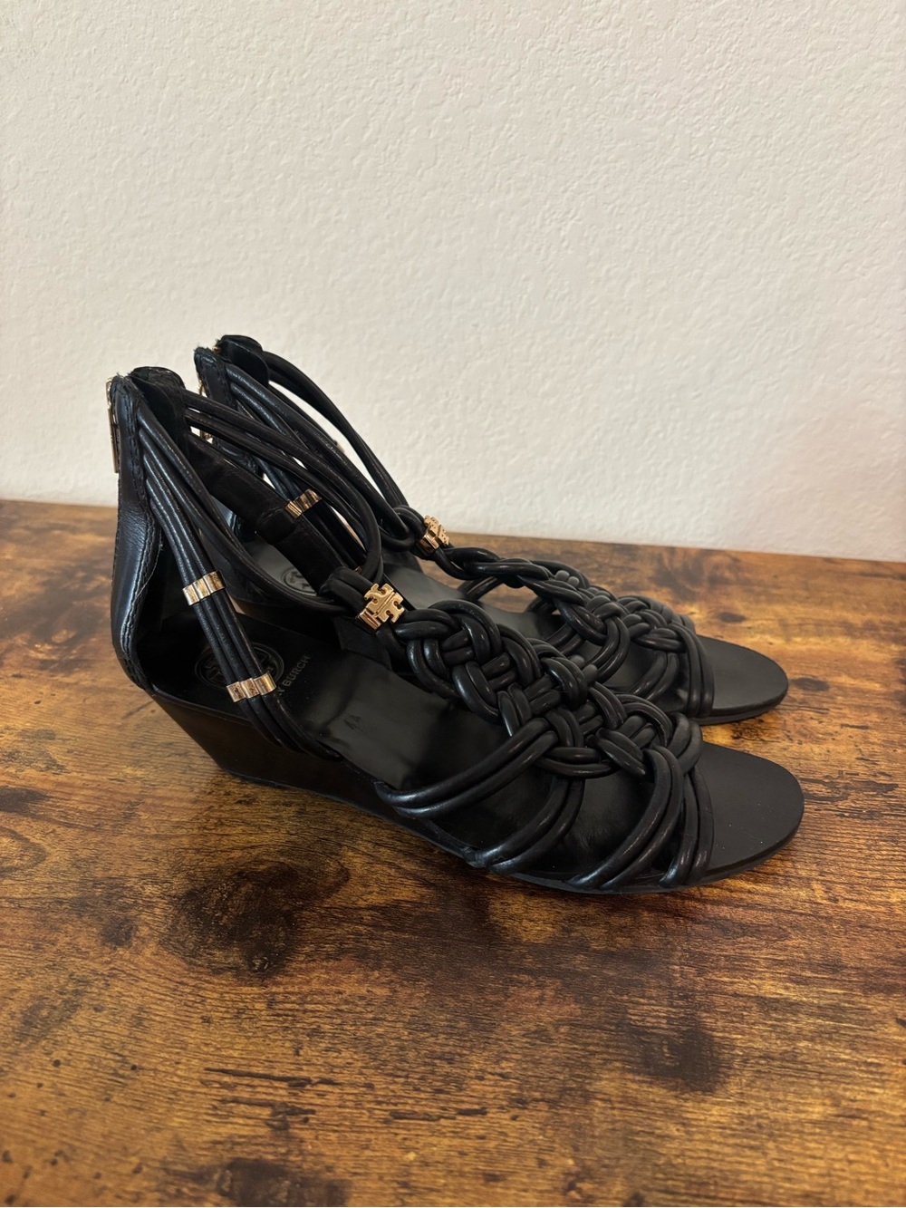 Tory Bur h Gold / Black Braided Strappy Wedge Sandals - Women's gladiator